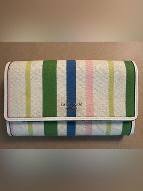 Kate spade Striped Canvas Fold Wallet in Green, Blue, Pink & Cream with chain